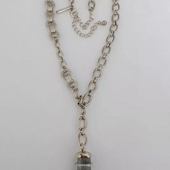 WHITE HOUSE BLACK MARKET GOLD TONE CUT CRYSTAL GREY STONE 21"-25" NECKLACE NWOT - Picture 3 of 4